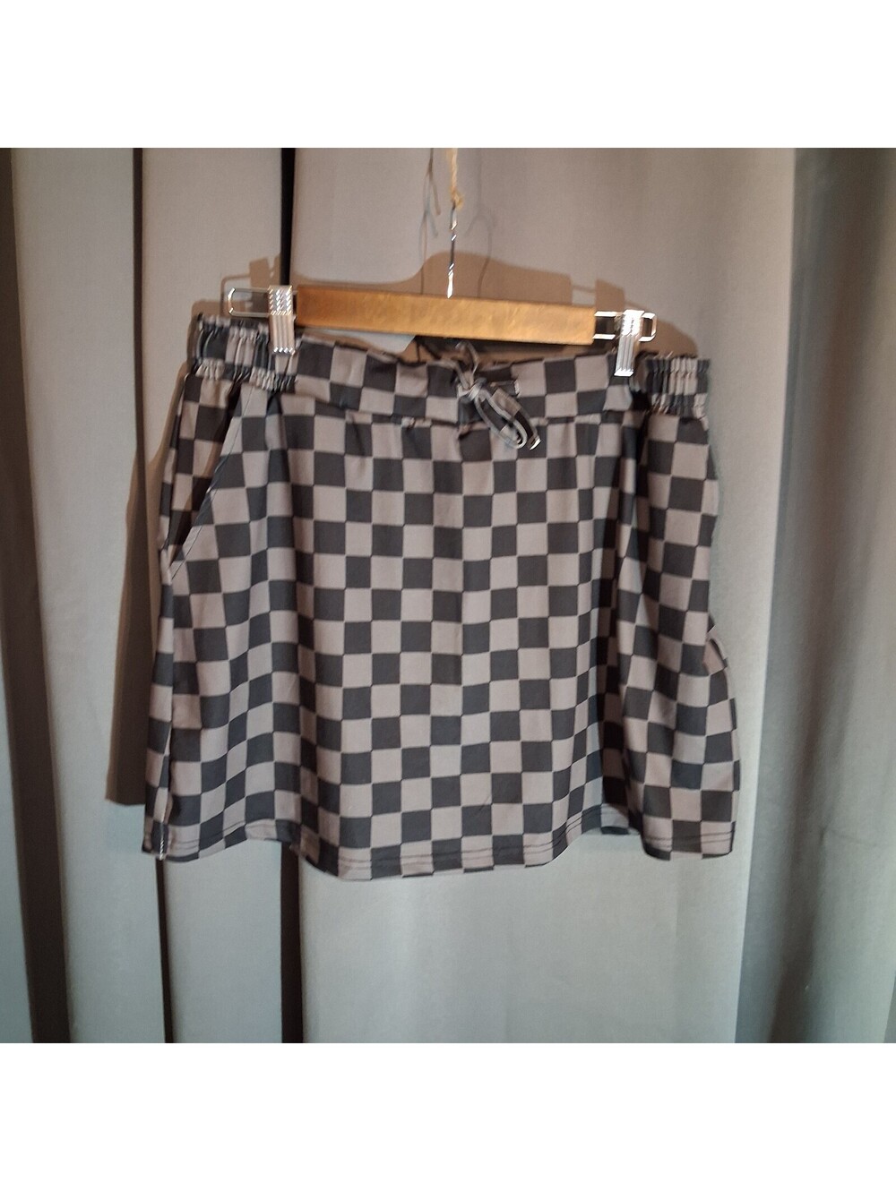 Black and Gray Checkered Skort with Drawstring Waist and Inner Shorts